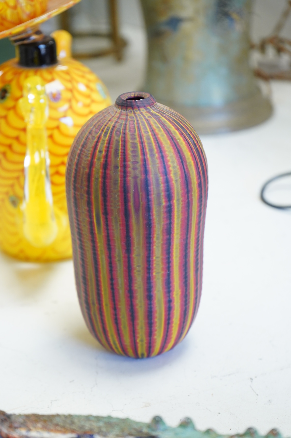 A contemporary glass Kama teapot sculpture - 22cm high and two studio glass vases, one indistinctly signed